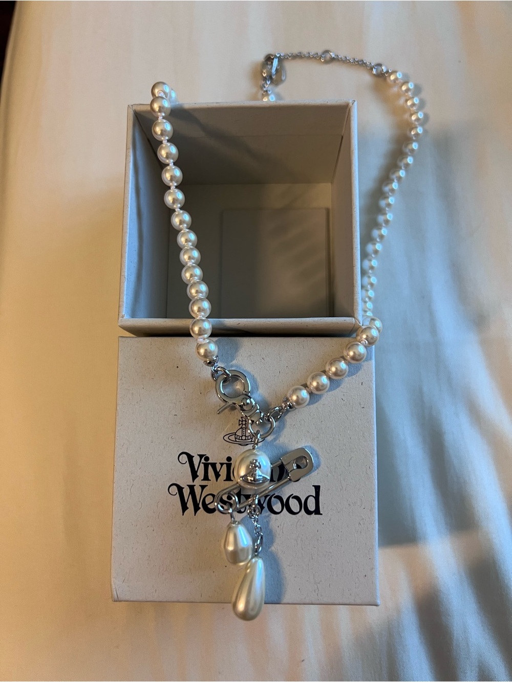 Vivienne Westwood Claude Silver and White Pearl Charm Necklace